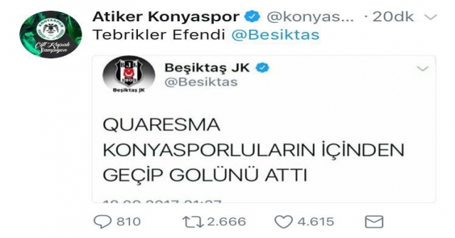 Atiker Konyaspordan Beşiktaşa Yanıt: Tebrikler Efendi