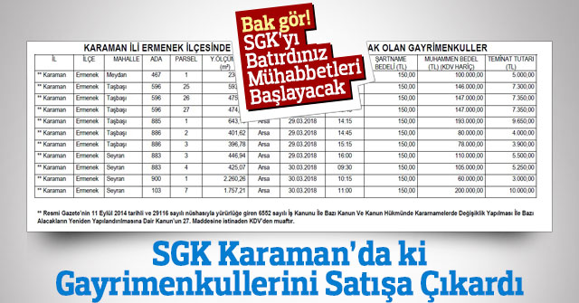 SGK Karaman'da ki Mülklerini satışa çıkaracak