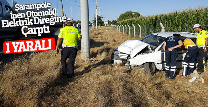 Şarampole inen otomobil elektrik direğine çarptı: 1 yaralı