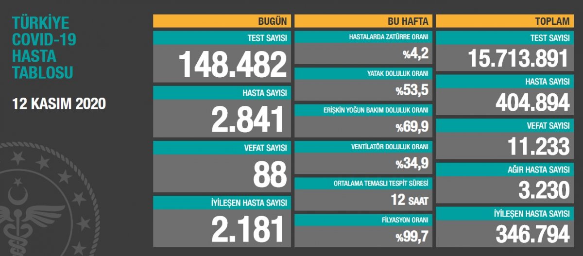 12 Kasım Türkiye'de güncel koronavirüs tablosu