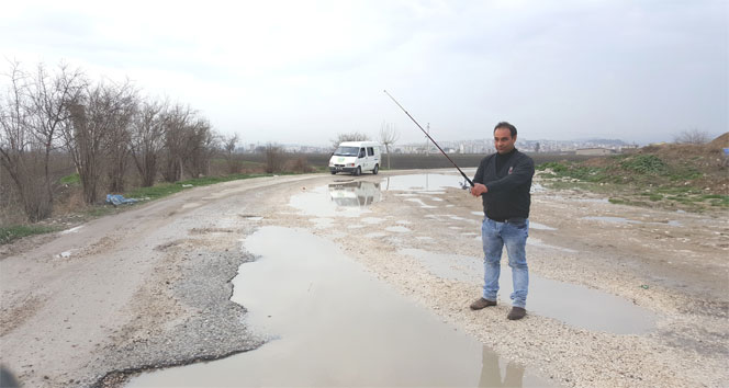 Ana yolda olta ile balık avladı